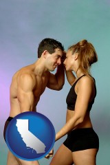 california map icon and a couple wearing black swimsuits