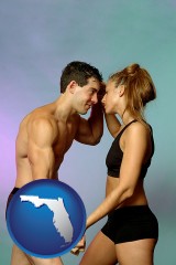 florida map icon and a couple wearing black swimsuits