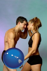 hawaii map icon and a couple wearing black swimsuits