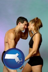 massachusetts map icon and a couple wearing black swimsuits