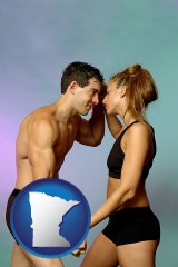 minnesota map icon and a couple wearing black swimsuits