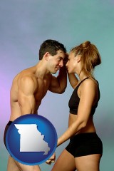 missouri map icon and a couple wearing black swimsuits