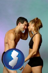 new-jersey map icon and a couple wearing black swimsuits