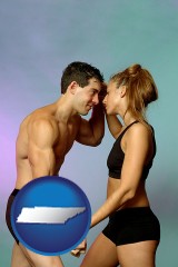 tennessee map icon and a couple wearing black swimsuits