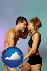 virginia map icon and a couple wearing black swimsuits