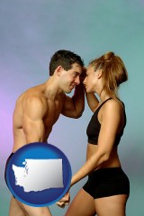 washington map icon and a couple wearing black swimsuits