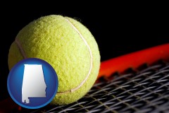 alabama map icon and a yellow tennis ball and tennis racket