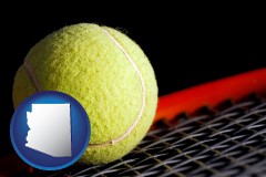 arizona map icon and a yellow tennis ball and tennis racket