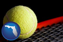 florida map icon and a yellow tennis ball and tennis racket