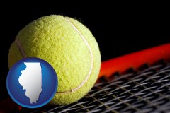 illinois map icon and a yellow tennis ball and tennis racket