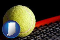 indiana map icon and a yellow tennis ball and tennis racket