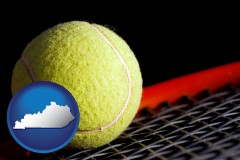 kentucky map icon and a yellow tennis ball and tennis racket