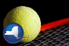 new-york map icon and a yellow tennis ball and tennis racket