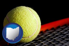 ohio map icon and a yellow tennis ball and tennis racket