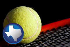 texas map icon and a yellow tennis ball and tennis racket