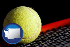 washington map icon and a yellow tennis ball and tennis racket