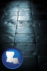 louisiana map icon and an old tile floor