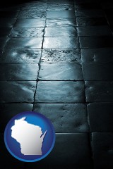 wisconsin map icon and an old tile floor