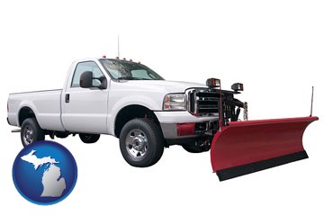 a pickup truck snowplow accessory - with Michigan icon