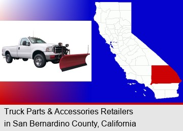 a pickup truck snowplow accessory; San Bernardino County highlighted in red on a map