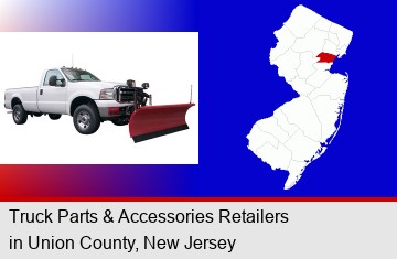 a pickup truck snowplow accessory; Union County highlighted in red on a map