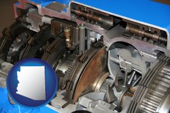 arizona map icon and a cross section of a truck transmission gearbox