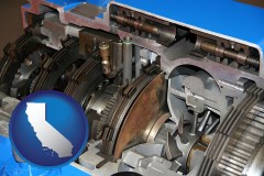 california map icon and a cross section of a truck transmission gearbox