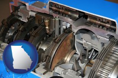 georgia map icon and a cross section of a truck transmission gearbox