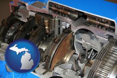 michigan map icon and a cross section of a truck transmission gearbox