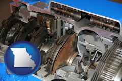 missouri map icon and a cross section of a truck transmission gearbox