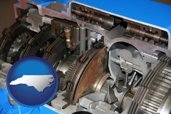 north-carolina map icon and a cross section of a truck transmission gearbox