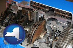 new-york map icon and a cross section of a truck transmission gearbox