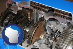 wisconsin map icon and a cross section of a truck transmission gearbox
