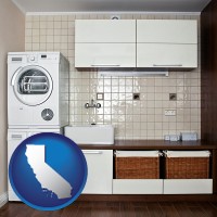 california map icon and a washer and dryer in a laundry room