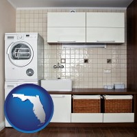 florida map icon and a washer and dryer in a laundry room