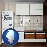 illinois map icon and a washer and dryer in a laundry room