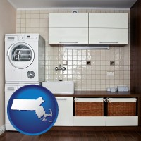 massachusetts map icon and a washer and dryer in a laundry room