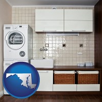 maryland map icon and a washer and dryer in a laundry room