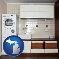 michigan map icon and a washer and dryer in a laundry room