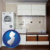 new-jersey map icon and a washer and dryer in a laundry room