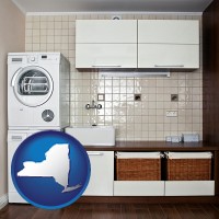 new-york map icon and a washer and dryer in a laundry room