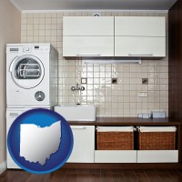 ohio map icon and a washer and dryer in a laundry room