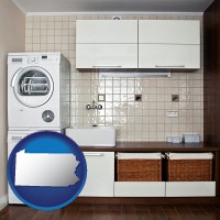 pennsylvania map icon and a washer and dryer in a laundry room