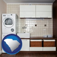 south-carolina map icon and a washer and dryer in a laundry room