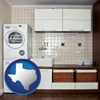 texas map icon and a washer and dryer in a laundry room