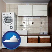 virginia map icon and a washer and dryer in a laundry room