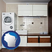 wisconsin map icon and a washer and dryer in a laundry room