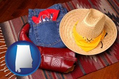 alabama map icon and western boots, hat, and jeans