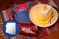 arizona map icon and western boots, hat, and jeans