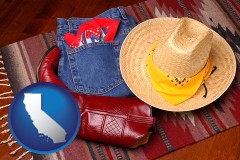 california map icon and western boots, hat, and jeans